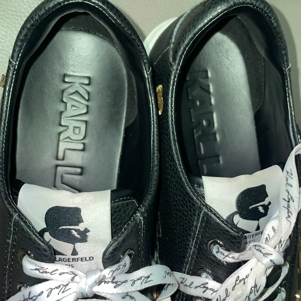 Karl Lagerfeld  Paris Black Leather Sneakers with Cate Pins - Picture 8 of 10